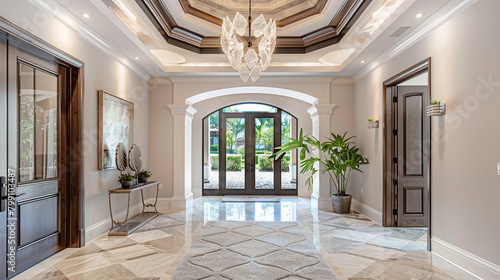 Elegant foyer boasts ornate tray ceiling and sleek pendant light.