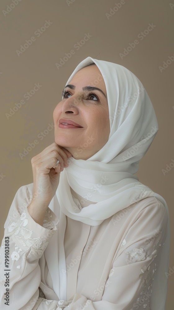 Muslim woman thought or fashion hijab on studio background in religious empowerment, traditional innovation, or vision. Smile, joyful, or mature Muslim model in contemporary, modern burka Muslim woman thought or fashion hijab on studio background in religious empowerment, traditional innovation, or vision. Smile, joyful, or mature Muslim model in contemporary, modern burka