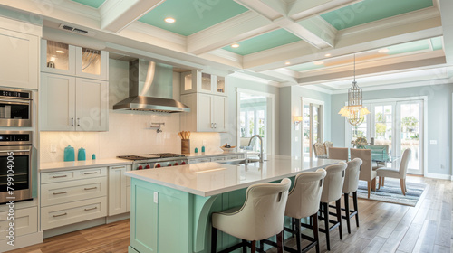 Front and broad view of the airy light turquoise tray ceiling framing the sleek island in the modern second-floor kitchen.