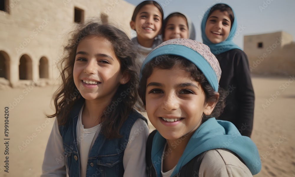 Portrait of happy kids smiling at camera while standing in the desert Portrait of happy kids smiling at camera while standing in the desert