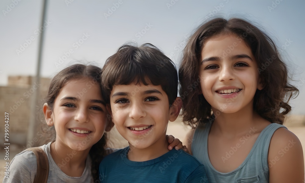 Portrait of three little girls smiling and looking at camera in the park Portrait of three little girls smiling and looking at camera in the park