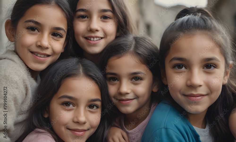 Group of smiling multicultural kids looking at camera while standing together in street. Peace Group of smiling multicultural kids looking at camera while standing together in street. Peace