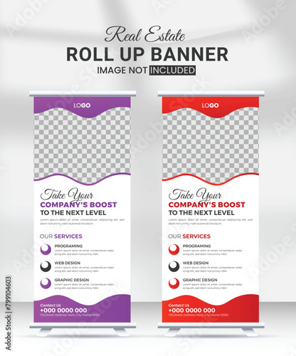 creative minimal rollup banner design vector template, easy to read type high quality modern business rollup banner design