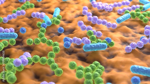microbiota bacteria cells 3d representation. Can be used to represent the immunity system, probiotic  bacillus cells, epidemiology enterobacteria photo