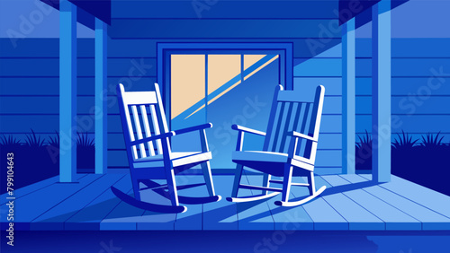 A shiny blue rocking chair sits on the front porch of a newlywed couples home. They lovingly sanded down the old worn wood and repainted it