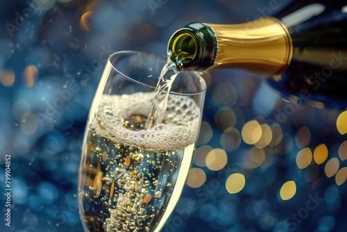 A celebratory champagne bottle, capped and dewy with condensation, is set against a backdrop of glittering bokeh lights.