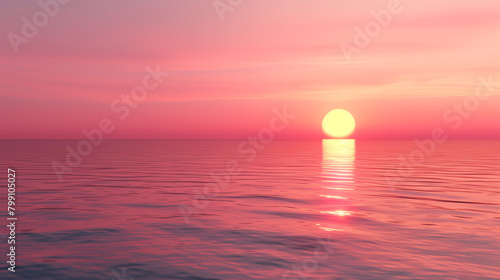 A beautiful sunset over the ocean with a large sun in the sky. The sky is pink and the water is calm