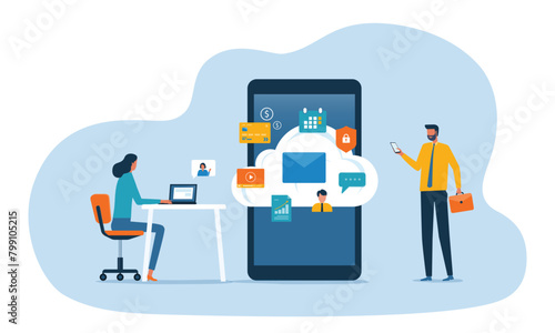 flat vector business smart working online connect to technology cloud computing service concept 
