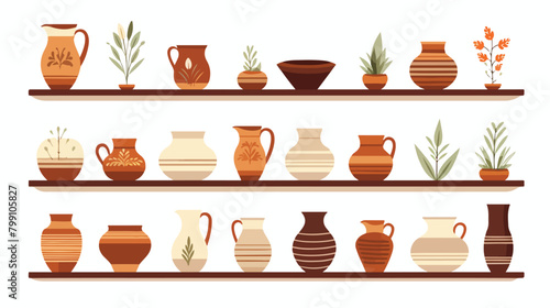 Pottery objects on shelf. Ceramic and porcelain flo
