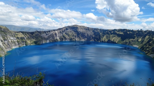 A volcanic crater lake with steep sides and deep blue water