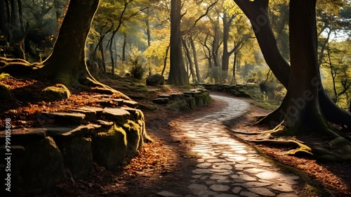  A serene forest path lined with stone walls and tall trees photo