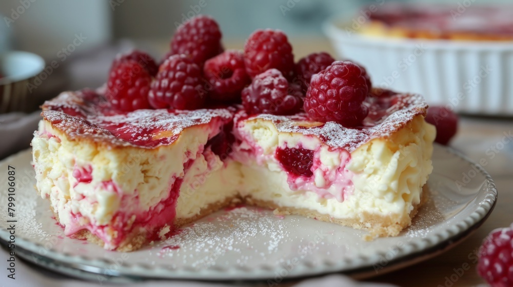 Piece of cake topped with raspberries Piece of cake topped with raspberries