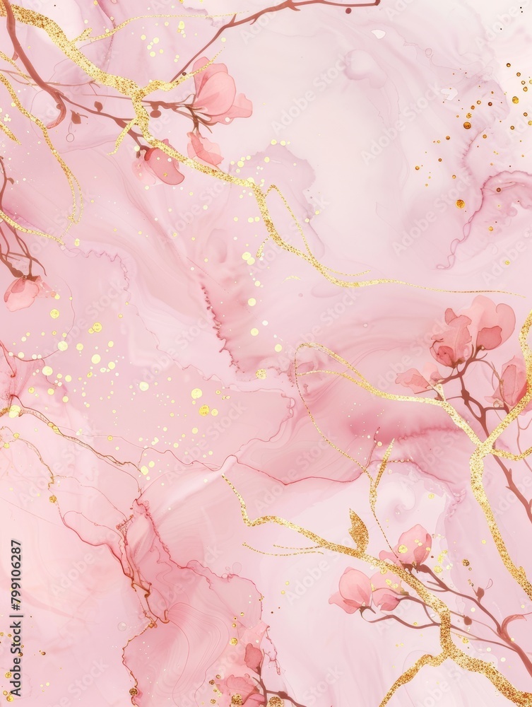 Soft Pink Floral Watercolor Background with Gold Accents Generative AI