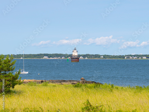 Butler Flats Lighthouse located at the mouth of Acushnet River at harbor of New Bedford, Massachusetts MA, USA. 