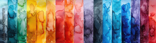  A series of vertical watercolor paintings, each depicting an abstract representation of different emotions like joy and sadness in a color palette of reds, blues, greens, oranges, yellows, and purple photo