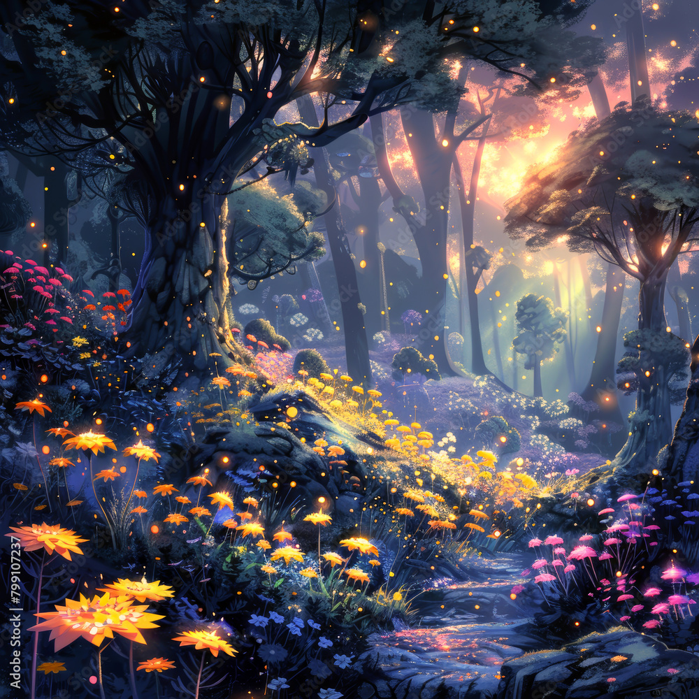 Enchanted forest illustration with luminous flowers and mystical pine trees under a twilight canopy