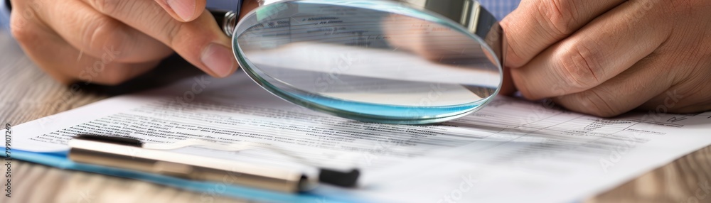 Auditor examining financial documents with a magnifying glass, focused on finding discrepancies, isolated on white, Auditor examining financial documents with a magnifying glass, focused on finding discrepancies, isolated on white,
