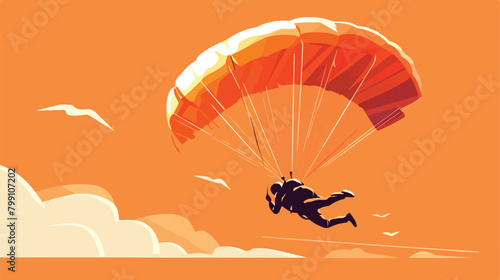 Professional male skydiver landing with parachute v
