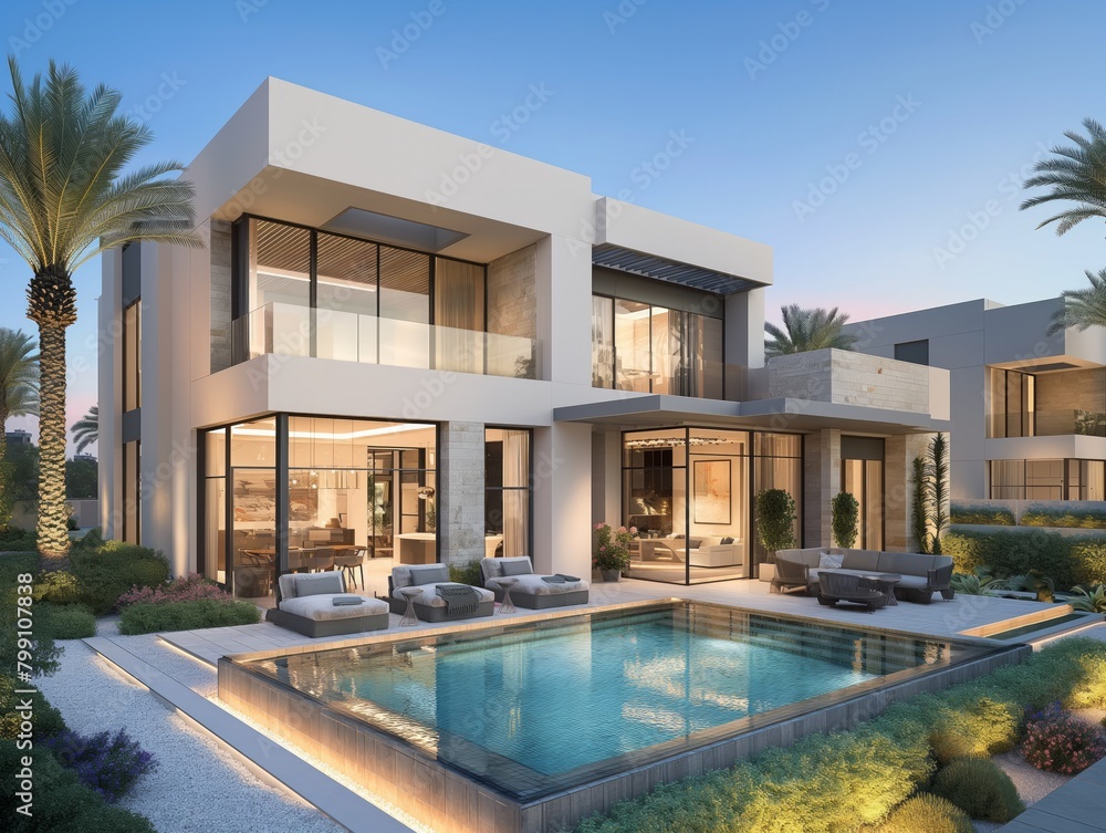 A large house with a pool and a balcony. The house is white and has a modern design. The pool is surrounded by a patio area with several chairs and a couch. Scene is luxurious and inviting