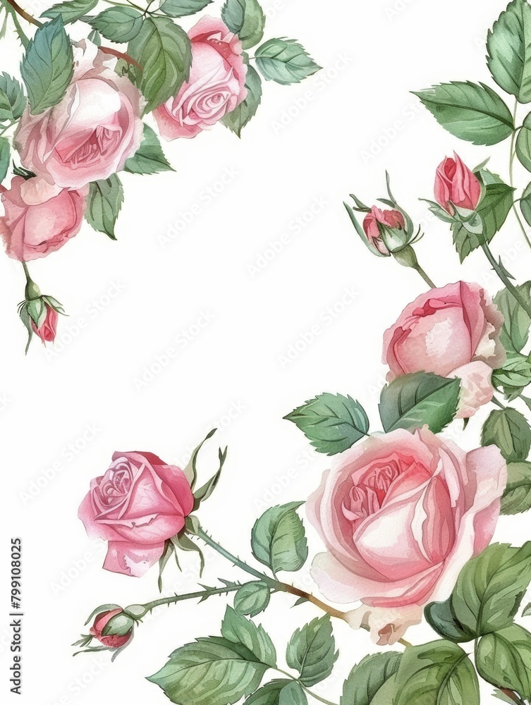 Watercolor Floral Invitation with Pink Roses Generative AI
