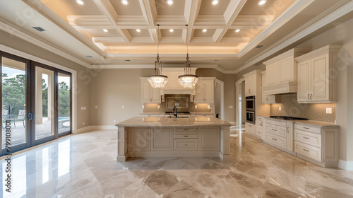 Front and broad view of the expansive tray ceiling in soothing beige, perfectly complementing the contemporary island in the second-floor kitchen.