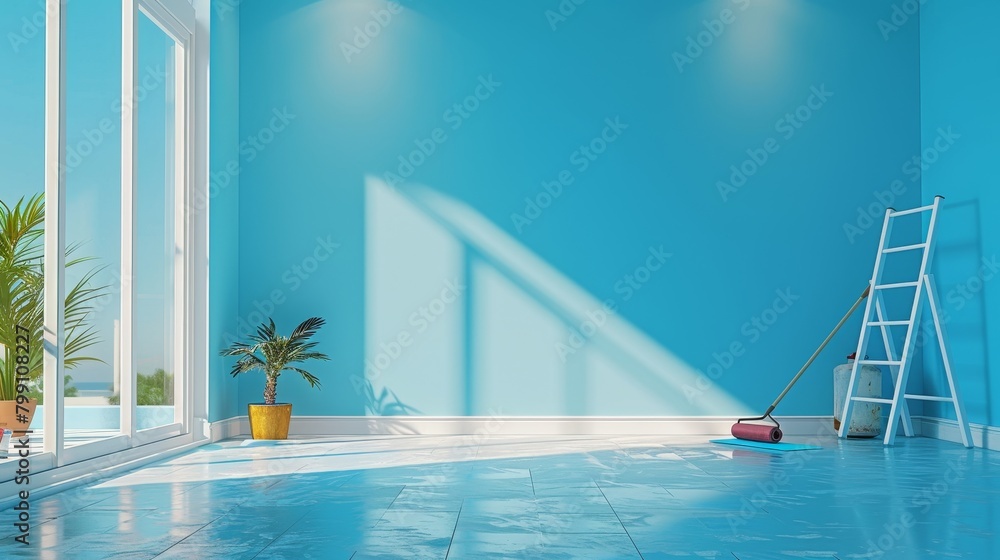 Home Improvement: A 3D vector illustration of a person painting a wall with a roller