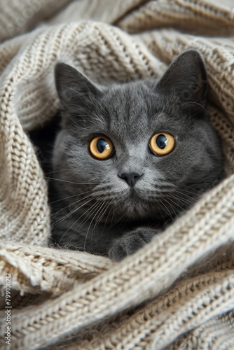 Gray Cat Peeking Out From Under Blanket © BrandwayArt