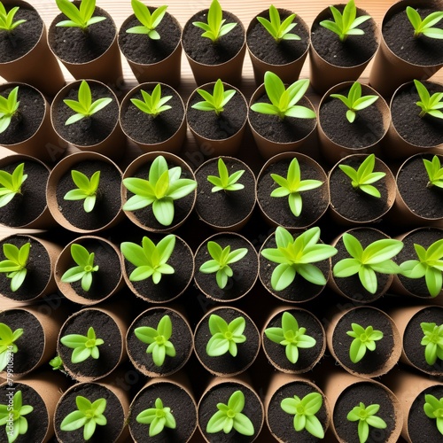 Color picture of seedlings in pots in a nursery