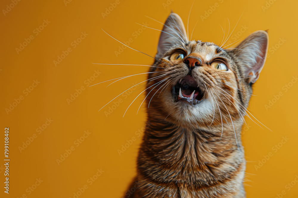 A photo of an excited cat, looking up with wide eyes and open mouth against a solid yellow background. Created with Ai
