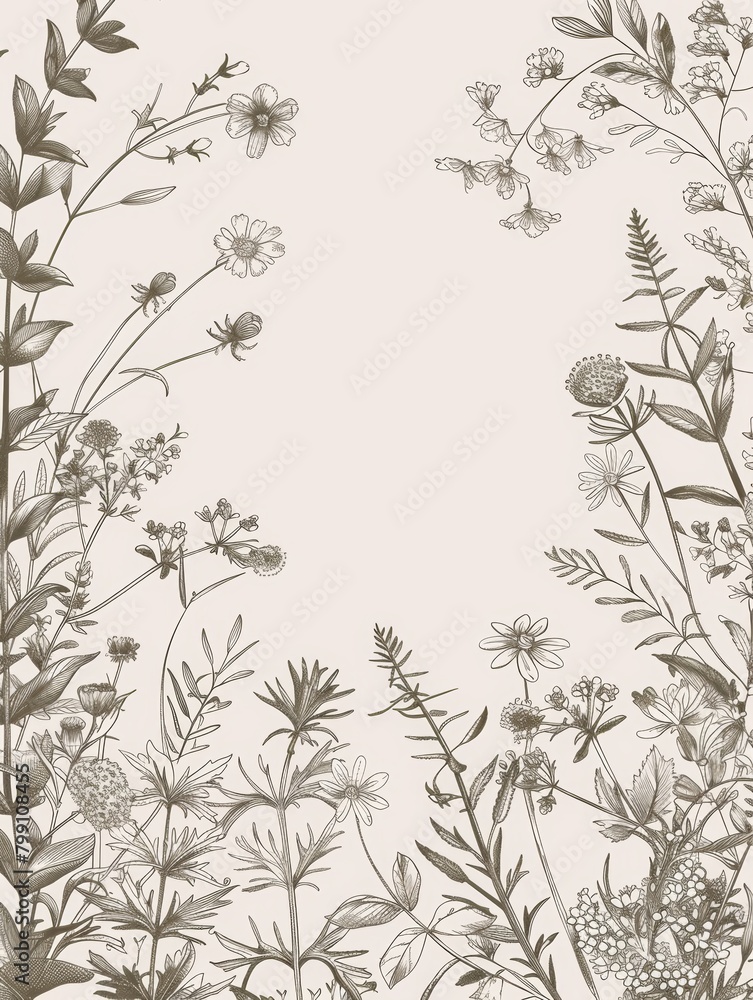 Delicate Floral Frame with Meadow Flowers and Herbs Generative AI