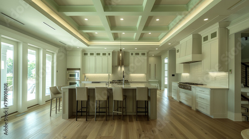 Front and broad view of the tranquil pale green tray ceiling framing the sleek, modern island in the second-floor kitchen.