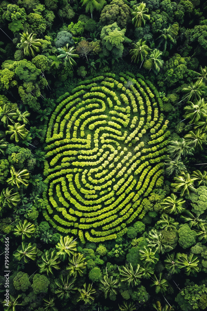 a dense, vibrant green forest. In the center, there should be a large area cleared of trees, precisely in the shape of a human fingerprint pattern to symbolize deforestation. a dense, vibrant green forest. In the center, there should be a large area cleared of trees, precisely in the shape of a human fingerprint pattern to symbolize deforestation.