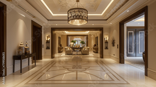 Luxurious foyer boasts intricate tray ceiling and modern pendant light.
