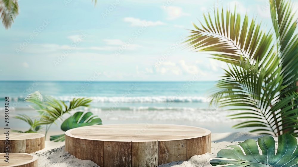 3d rendering of a wooden podium on a sandy beach with palm trees and the ocean in the background 3d rendering of a wooden podium on a sandy beach with palm trees and the ocean in the background