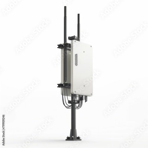 Telecommunication pole of 4G and 5G cellular. Base Station or Base Transceiver Station. Wireless Communication Antenna Transmitter. Telecommunication pole with antennas isolated on white background.