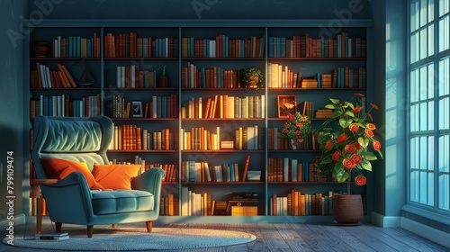 Interior Design: A 3D vector illustration of a cozy reading nook with a comfortable armchair, bookshelves, and soft lighting
