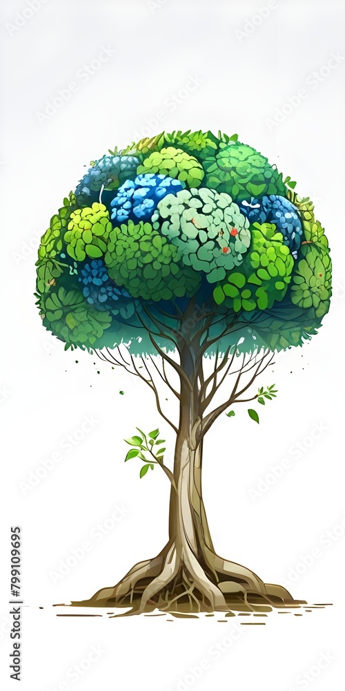 Brain-shaped tree with green and blue leaves and flowers. The seedlings ...