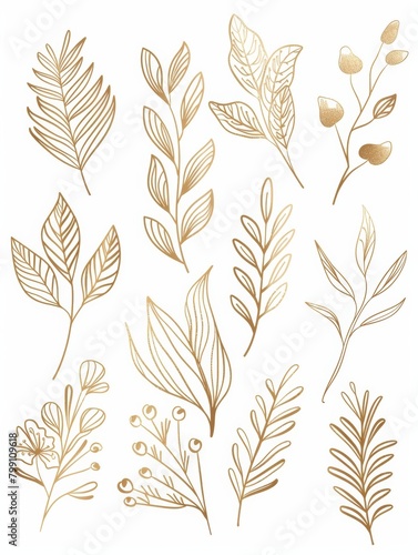 Golden Botanical Floral Leaves Set Generative AI © Alex