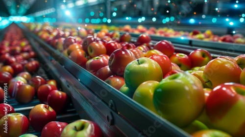 Apples on Conveyor Belt with Futuristic Analysis. Generative ai