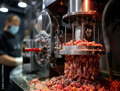 A machine is spitting out meat. A person is standing behind it. The meat is red and he is in a pile photo