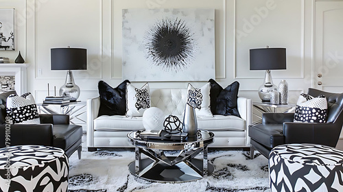 modern living room with monochrome color scheme featuring a white couch, black and white pillows, a