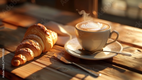 A cozy breakfast scene with a steaming cup of coffee and a fresh croissant on a wooden table, bathed in warm sunlight. Created with Generative AI