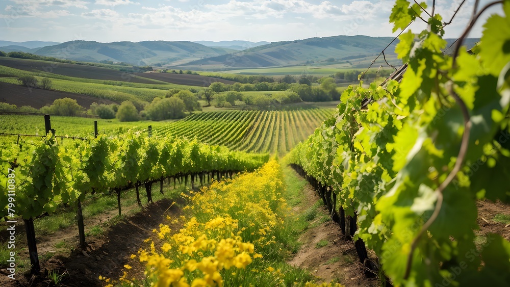 vineyard landscape interspersed with blooming wildflowers in spring