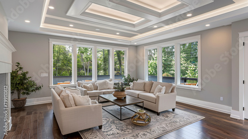 Tray ceiling in living room shines with subtle sage lighting, adding modern luxury.