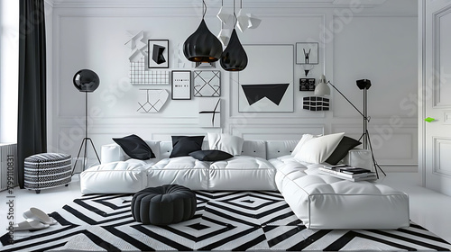 modern monochrome living room with modular sofas, black and white pillows, and a white and black ru