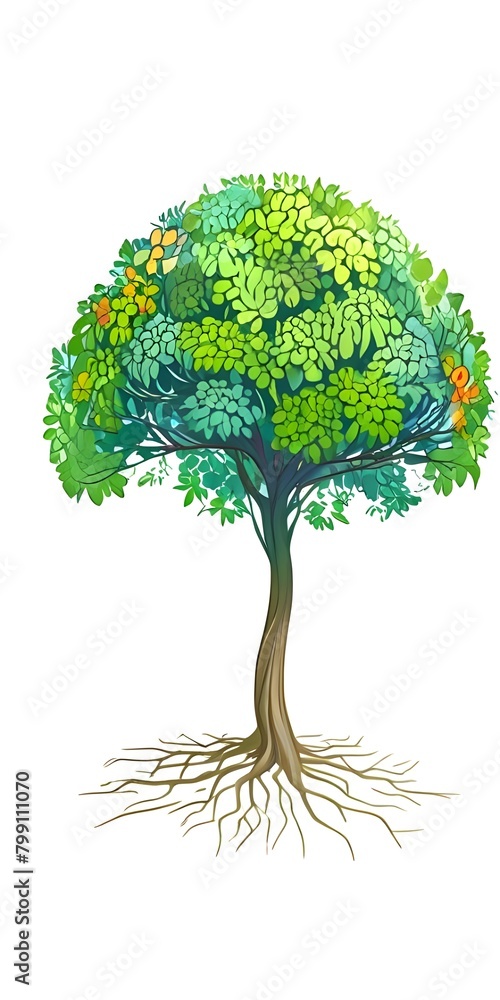 Brain-shaped tree with green and blue leaves and flowers. The seedlings ...