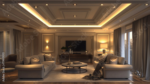 Tray ceiling in living room shines with subtle sage lighting  adding modern luxury.