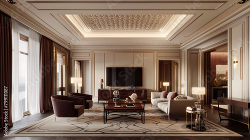 Zooming out  the tray ceiling becomes a striking feature within the living room  