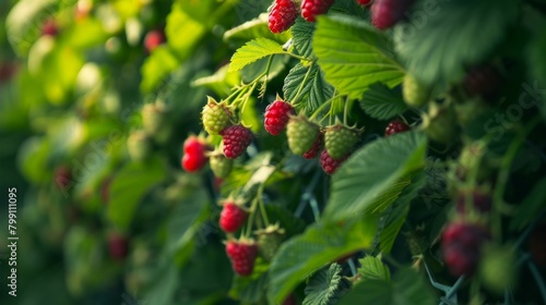 Sun-kissed Raspberries in Lush Garden. Generative ai