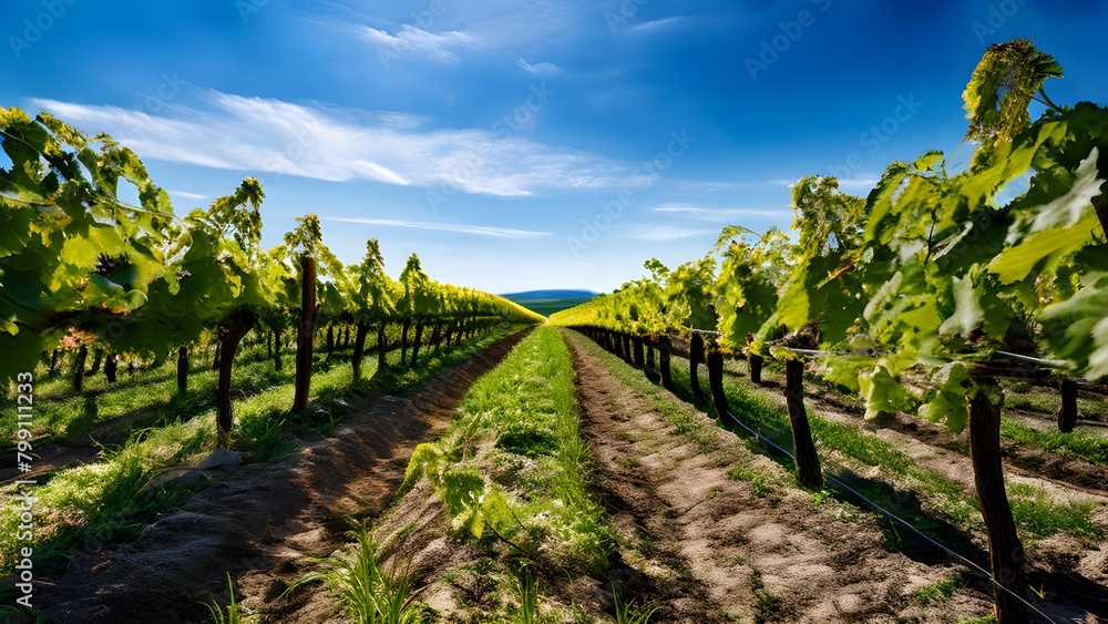 Naklejka premium vineyard landscape interspersed with blooming wildflowers in spring